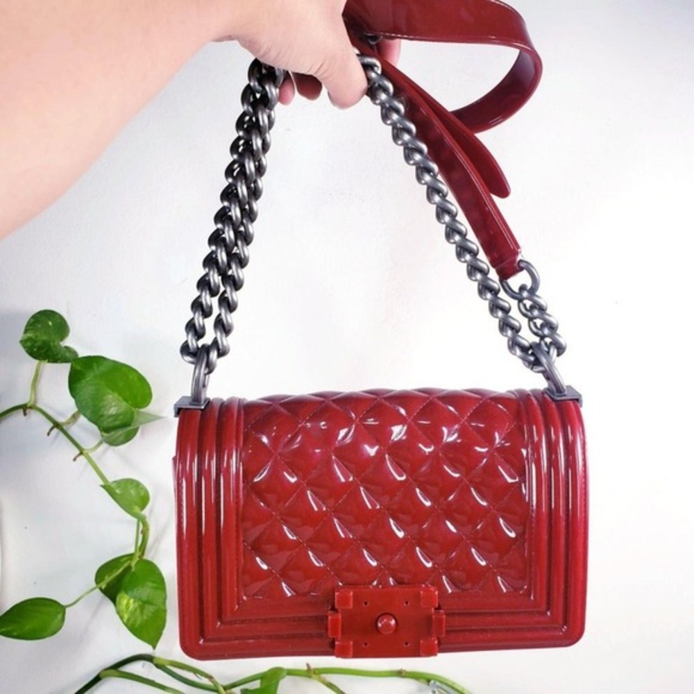 Elegant Red Quilted Chain‎ Strap Party Purse Lattice Clutch Glossy Shoulder Bag